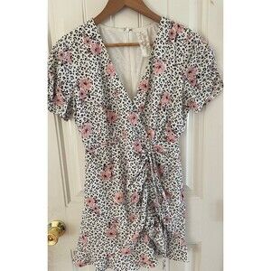 Women’s Polka Dot floral V Neck Ribbed Faux Wrap Dress Babydoll y2K S